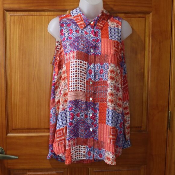 Old Navy Colorful Patchwork Sleeveless Button Front Summer Top Medium - Picture 2 of 9